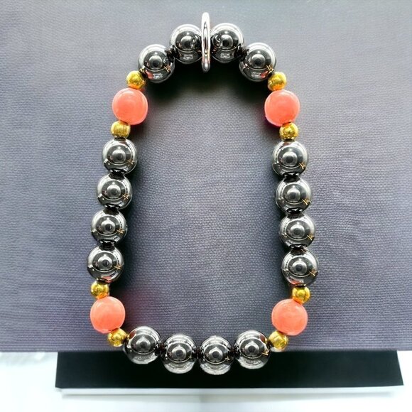 Artisan Jewelry - Black Hematite Coral Agate Stretch Bracelet | Handmade